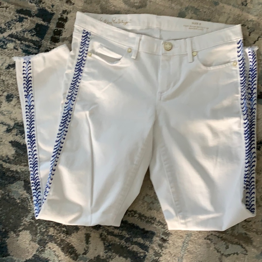 Lilly Pulitzer White Jeans with Blue Side Braid